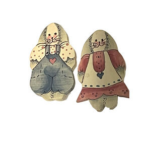 Vintage Handmade Bunny Pins 2" Wooden Pink Blue Easter Decor 90's Country Rabbit